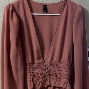 Windsor Rose Mauve Smocked Waist V-Neck Blouse